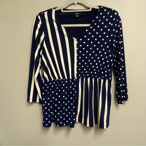Alfani Navy, White & Yellow Striped Polka Dot Blouse